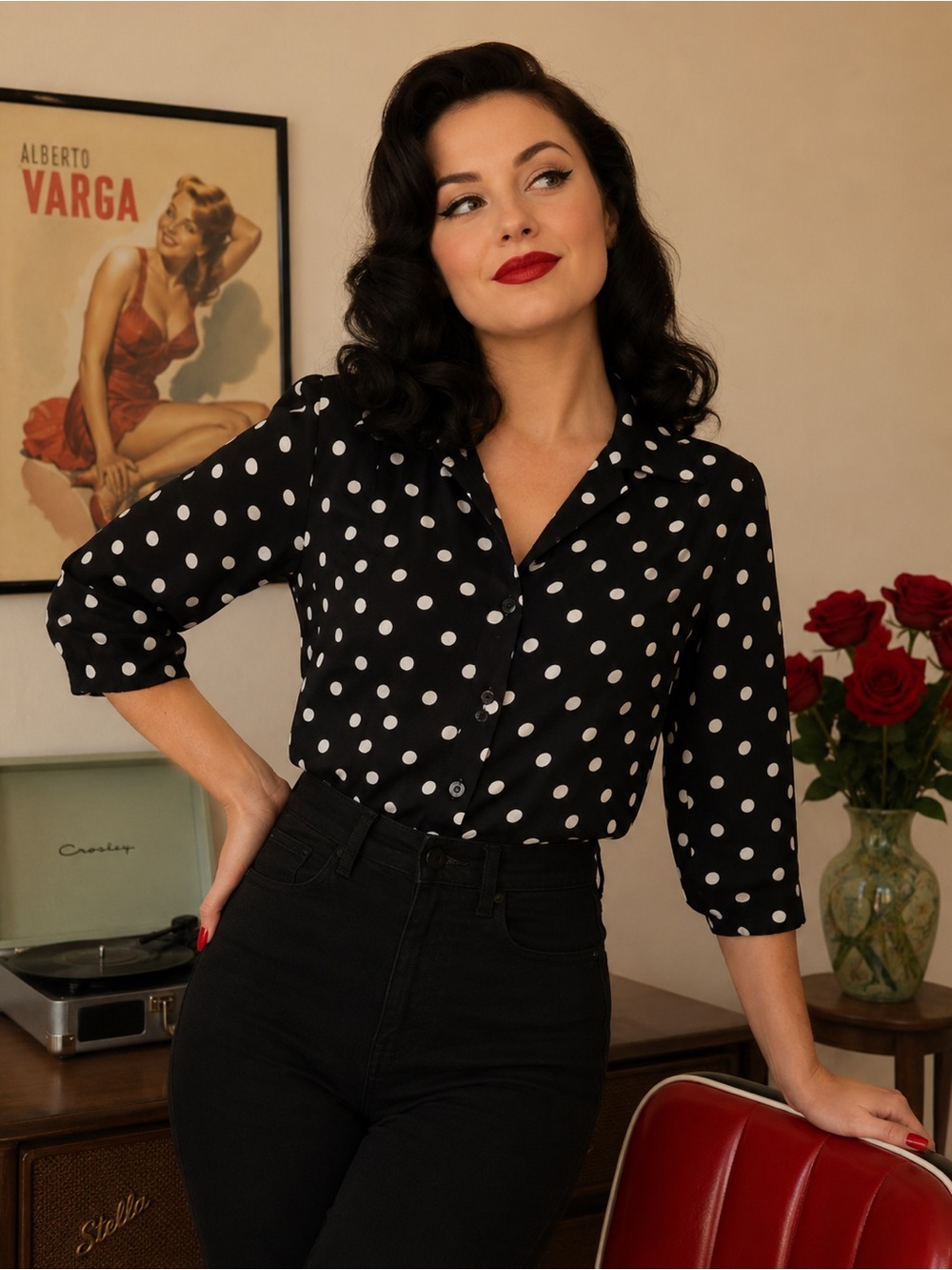 Spense Black/White Polka Dot Button‎ Down Blouse